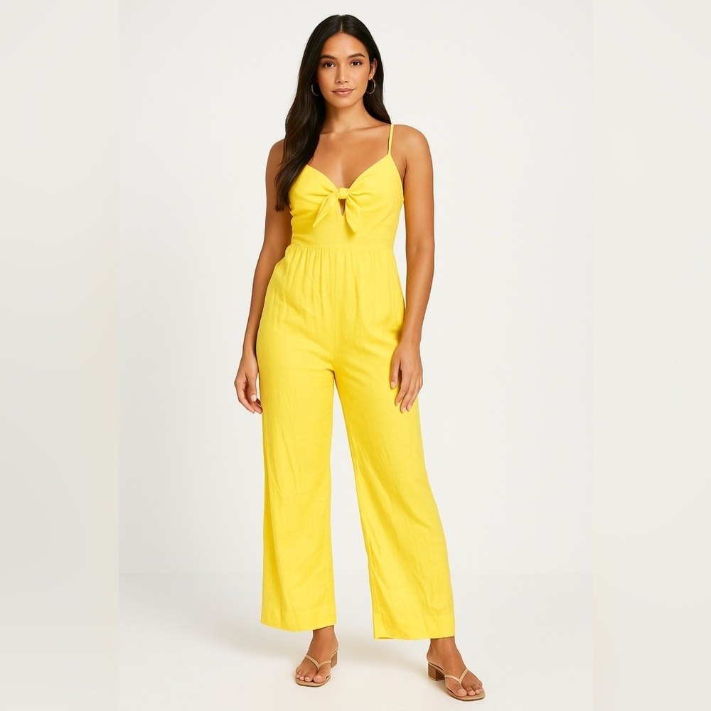 NEW! LOFT Linen Jumpsuit 8 Yellow Bow Sleeveless Wide Leg Pockets Beach Vacation